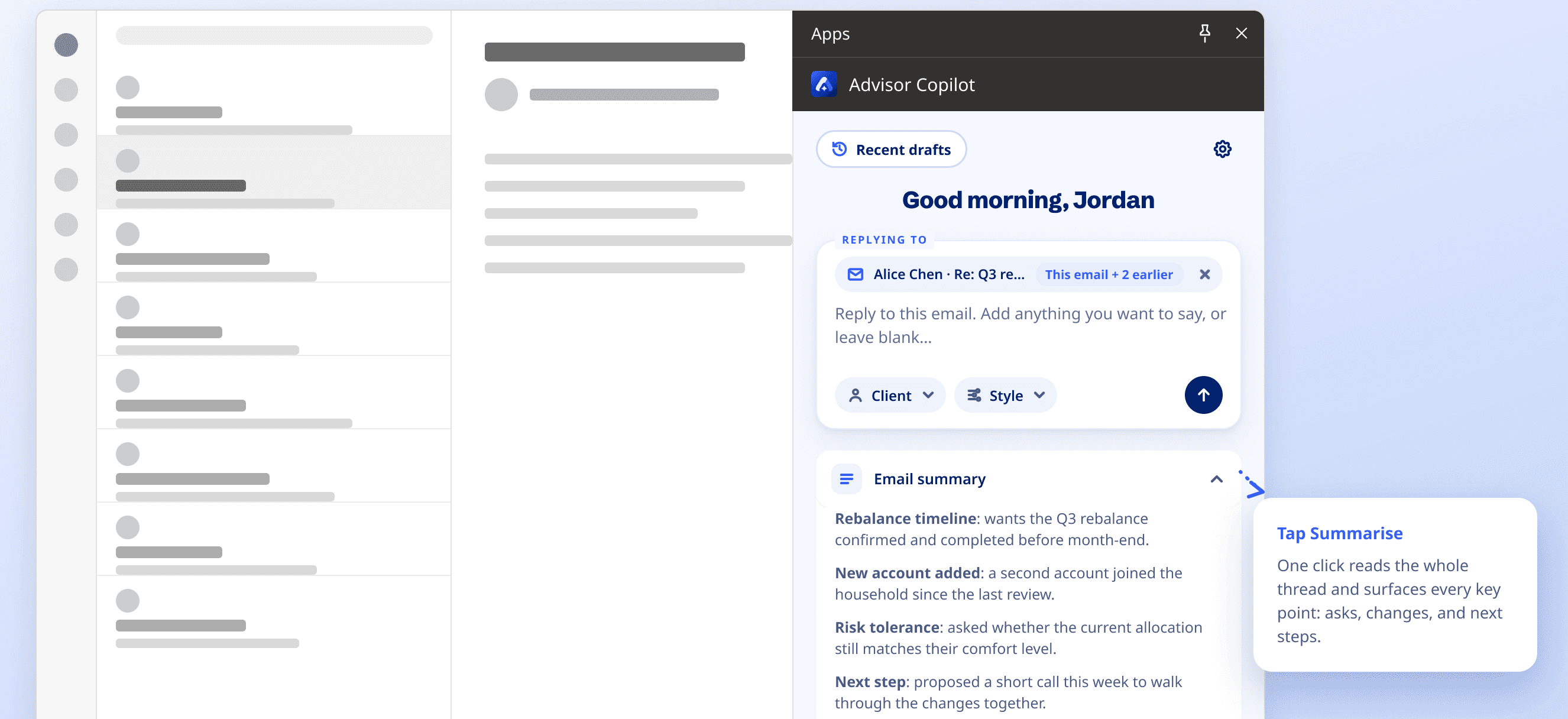 The Advisor Copilot pane beside an Outlook inbox, summarising the whole email thread.