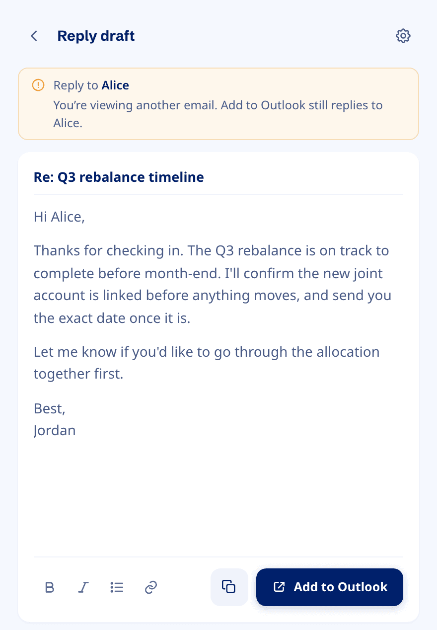 The same draft after the advisor opens another email: an amber notice says Add to Outlook still replies to Alice.