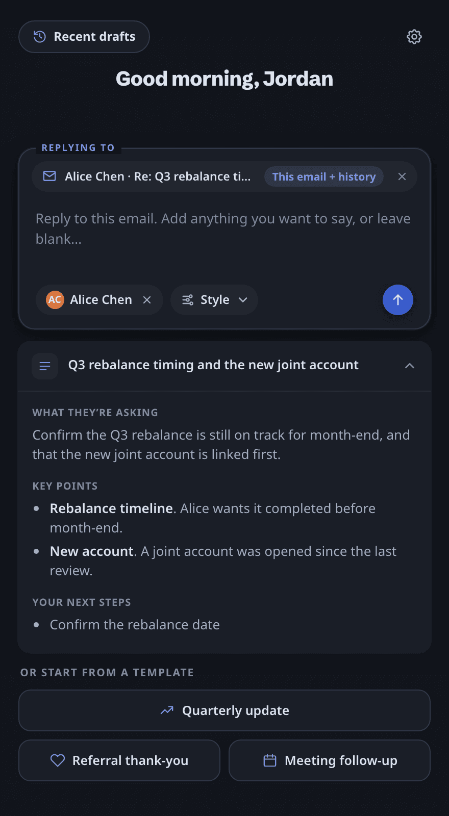The same screen in the dark theme (right half).