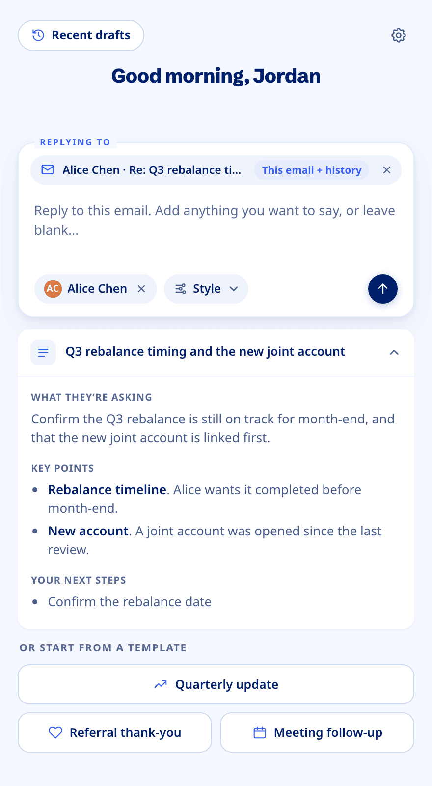 The Advisor Copilot pane with a summary of the email thread.