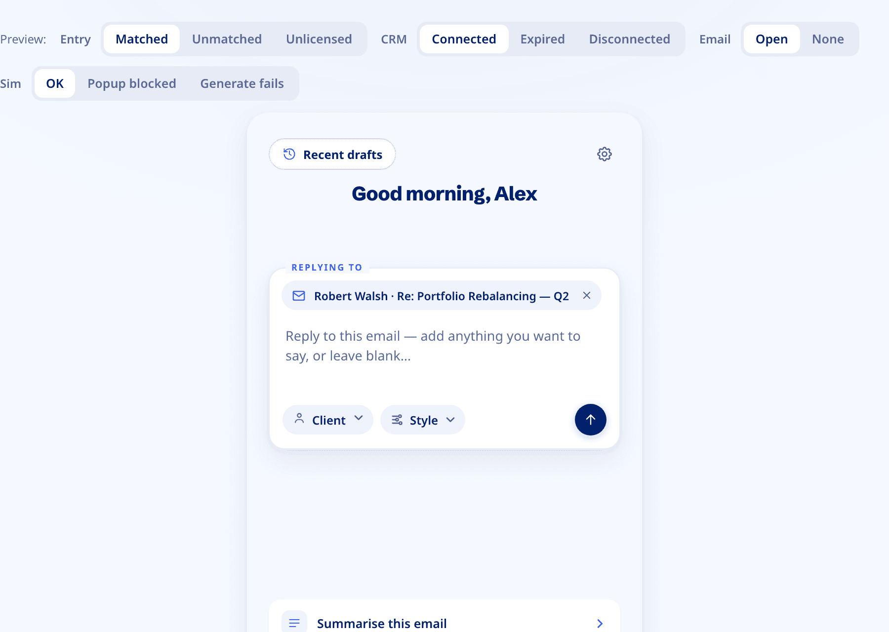 The clickable prototype: preview switches for entry, CRM, email and simulated failures above the Advisor Copilot pane, replying to an email.
