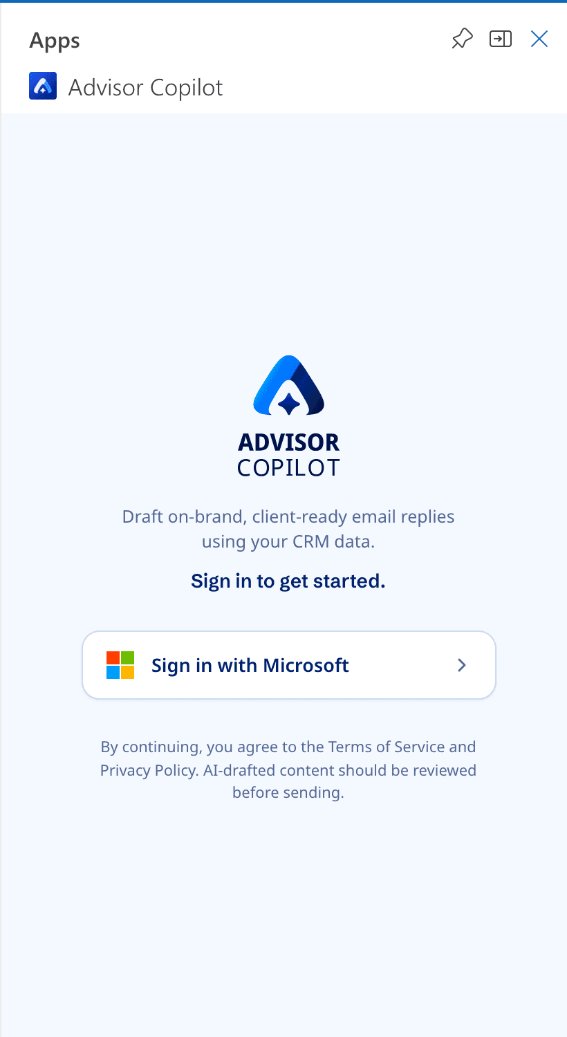 The sign-in screen after the fix: the line 'Draft on-brand, client-ready email replies using your CRM data.' above a bolder 'Sign in to get started.'